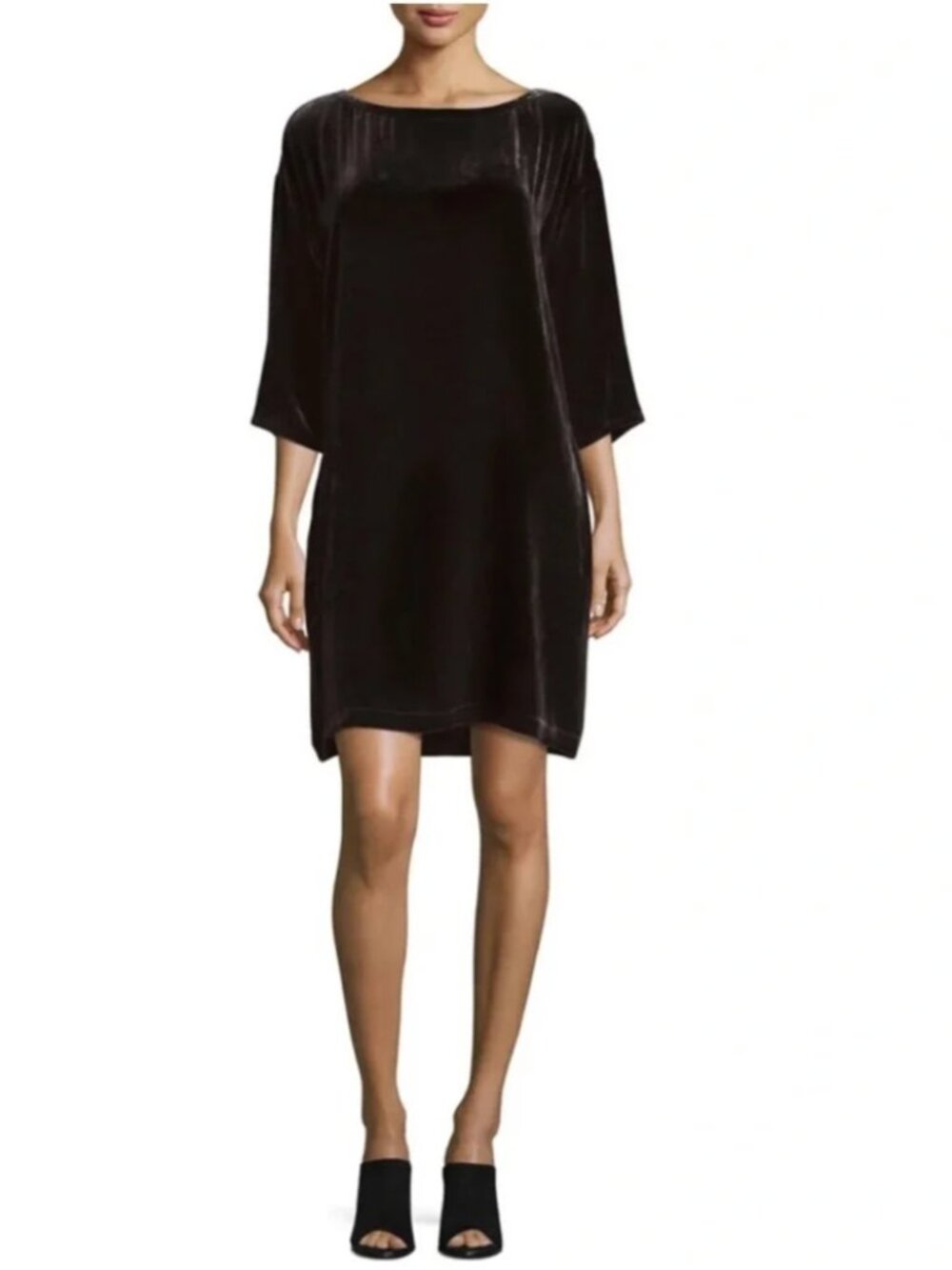 EILEEN FISHER Black Velvet Silk Blend Shift Dress, XS, Bateau Neck, 3/4 Sleeves